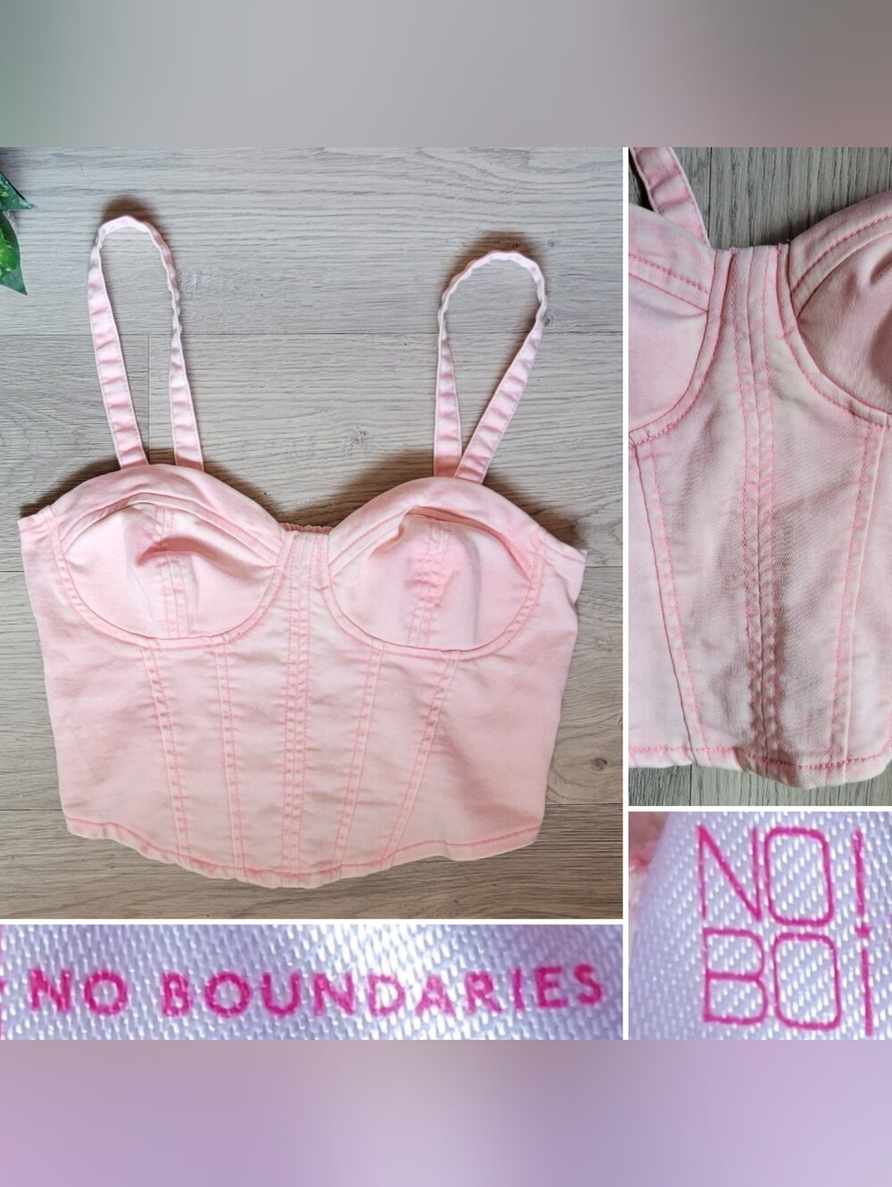 No Boundaries Baby Rose Pink Denim Acid Wash Corset Crop Top, Junior's Small 3-5